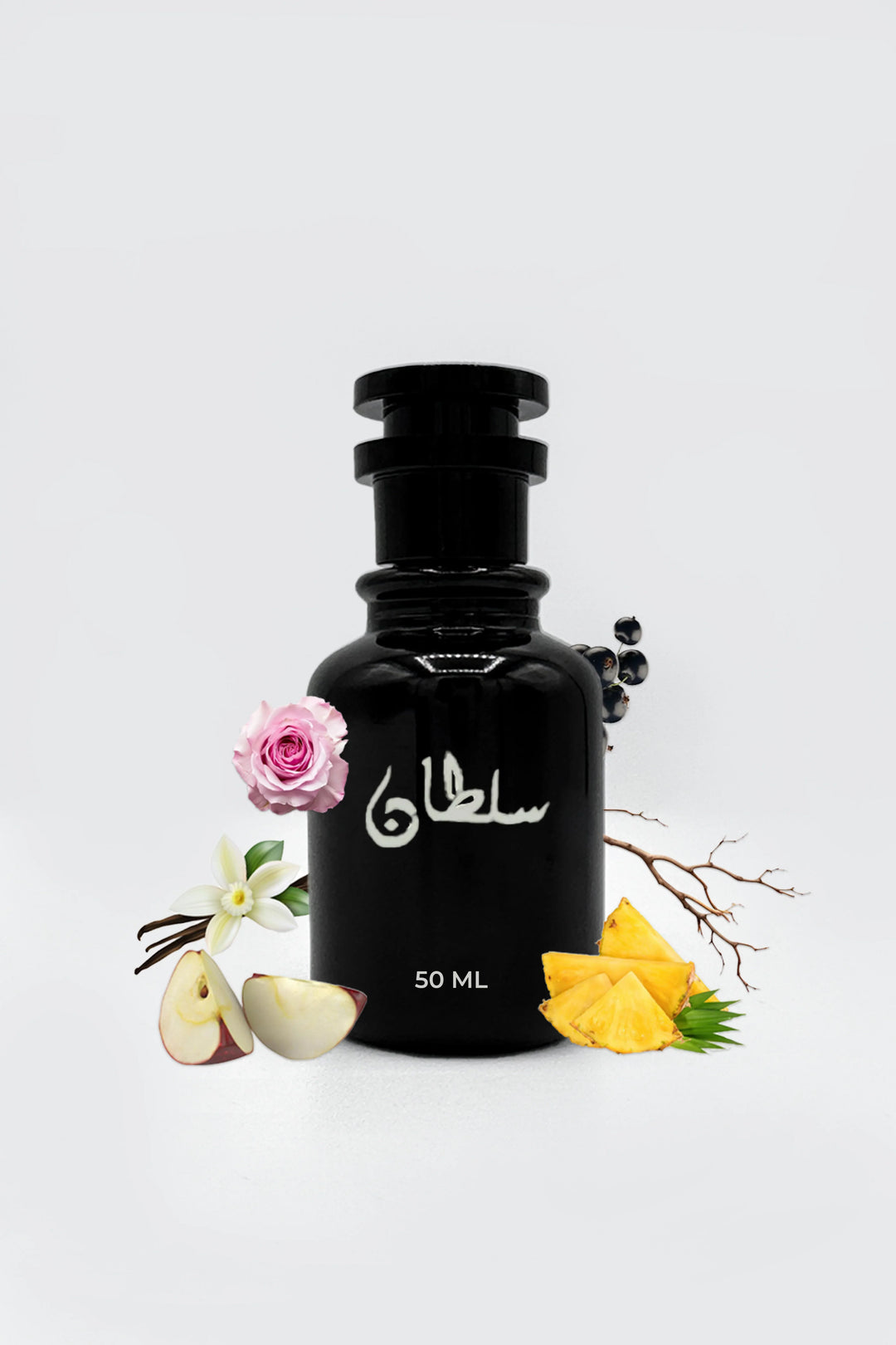 Sultan perfume black 50ml bottle with scent inspired fragrance elements shown along with perfume bottle