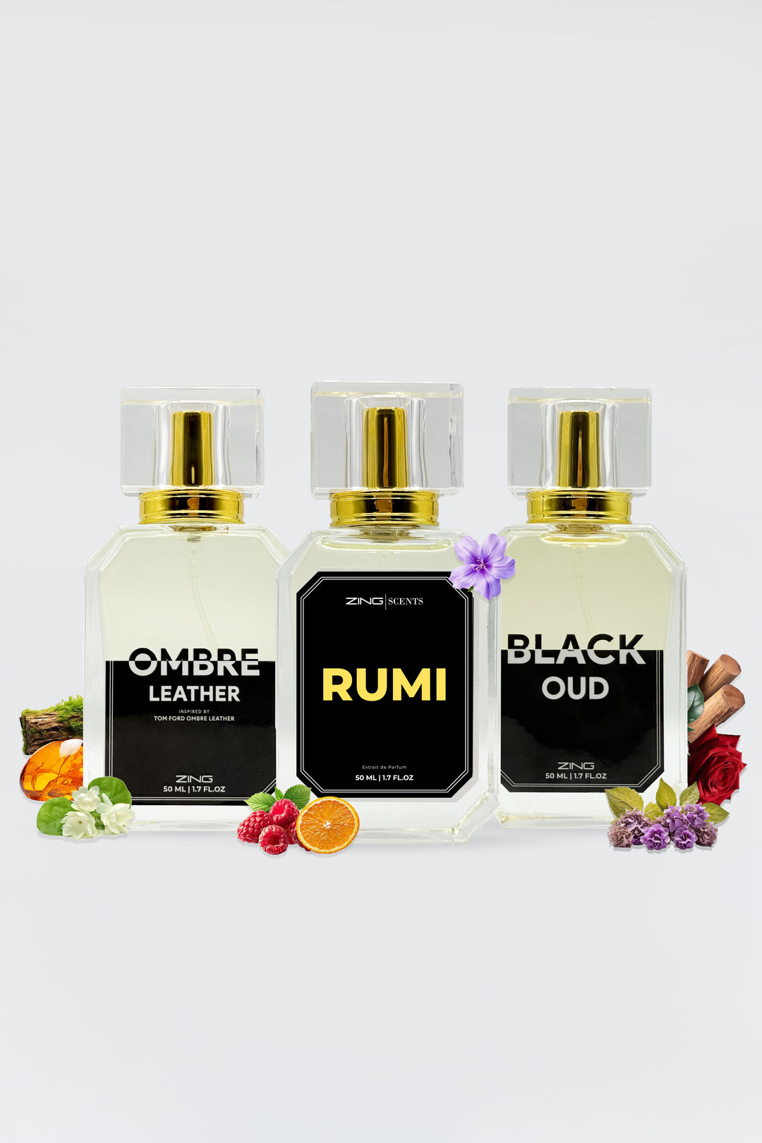 Three ZING perfume bottles featuring Ombre Leather, Rumi, and Black Oud, displayed with fragrance inspired ingredients including leather accord, citrus fruits, florals, oud wood, amber, and rose