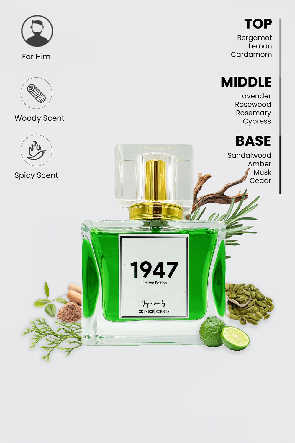 1947 perfume bottle with scent inspired elements such as cardamom, woody elements and more, displayed alongside the  bottle