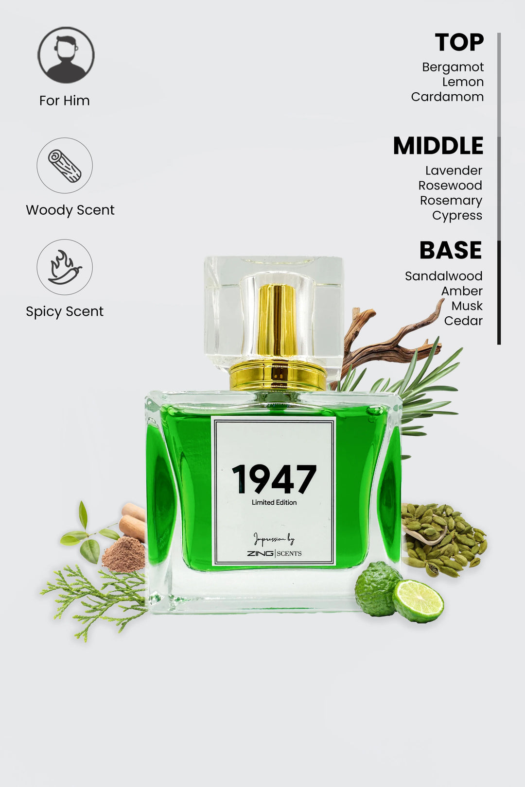 1947 perfume bottle with scent inspired elements such as cardamom, woody elements and more, displayed alongside the  bottle