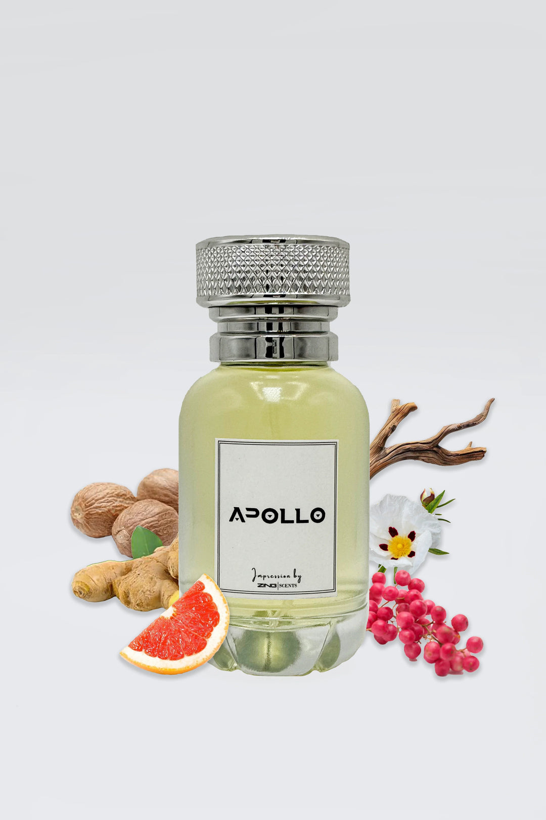 Apollo men’s perfume bottle displayed with grapefruit slice, ginger root, pink pepper berries, white florals, and woody accords on a clean background
