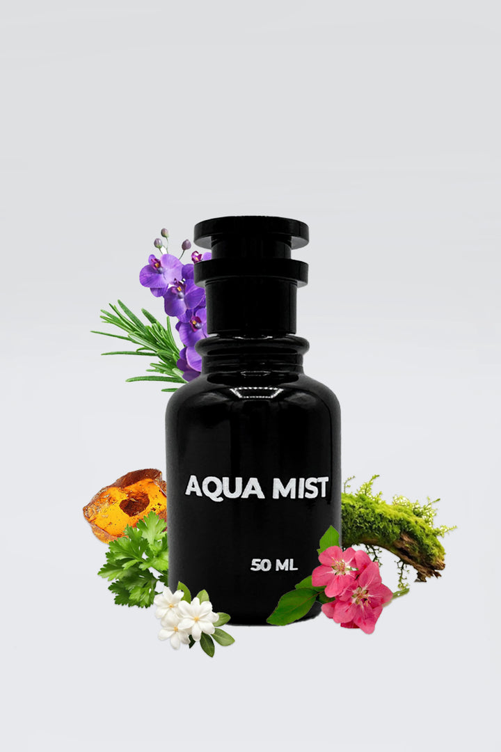 Aqua Mist perfume bottle with floral, herbal and fresh scent inspired elements