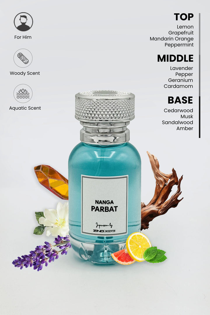 Nanga Parbat perfume bottle displaying text of top, middle and base notes with scent inspired ingredients shown behind the perfume bottle