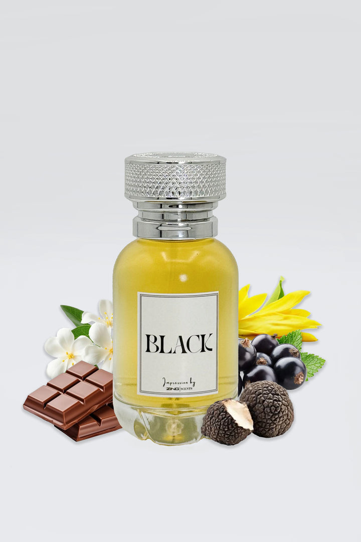ZING Black perfume bottle with dark chocolate, black truffle and scent related flowers