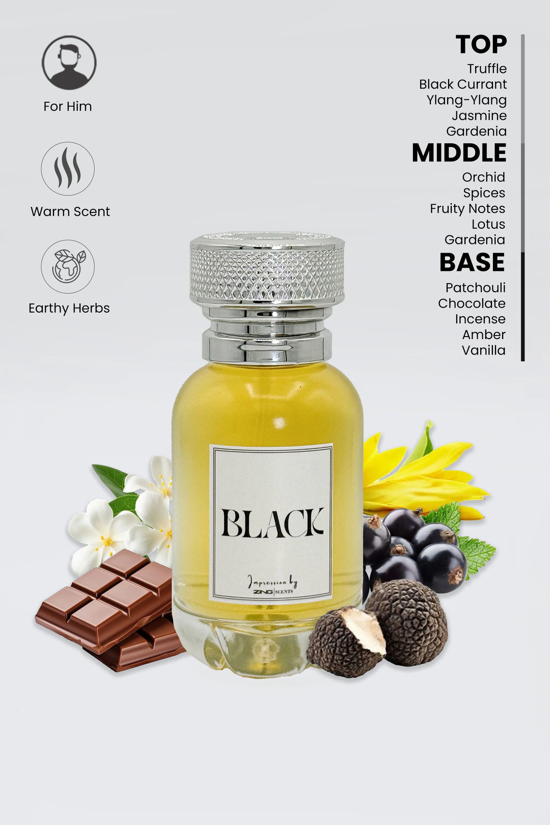 black perfume bottle with scent inspired elements displayed on white background along with perfume bottle and notes listed on right corner