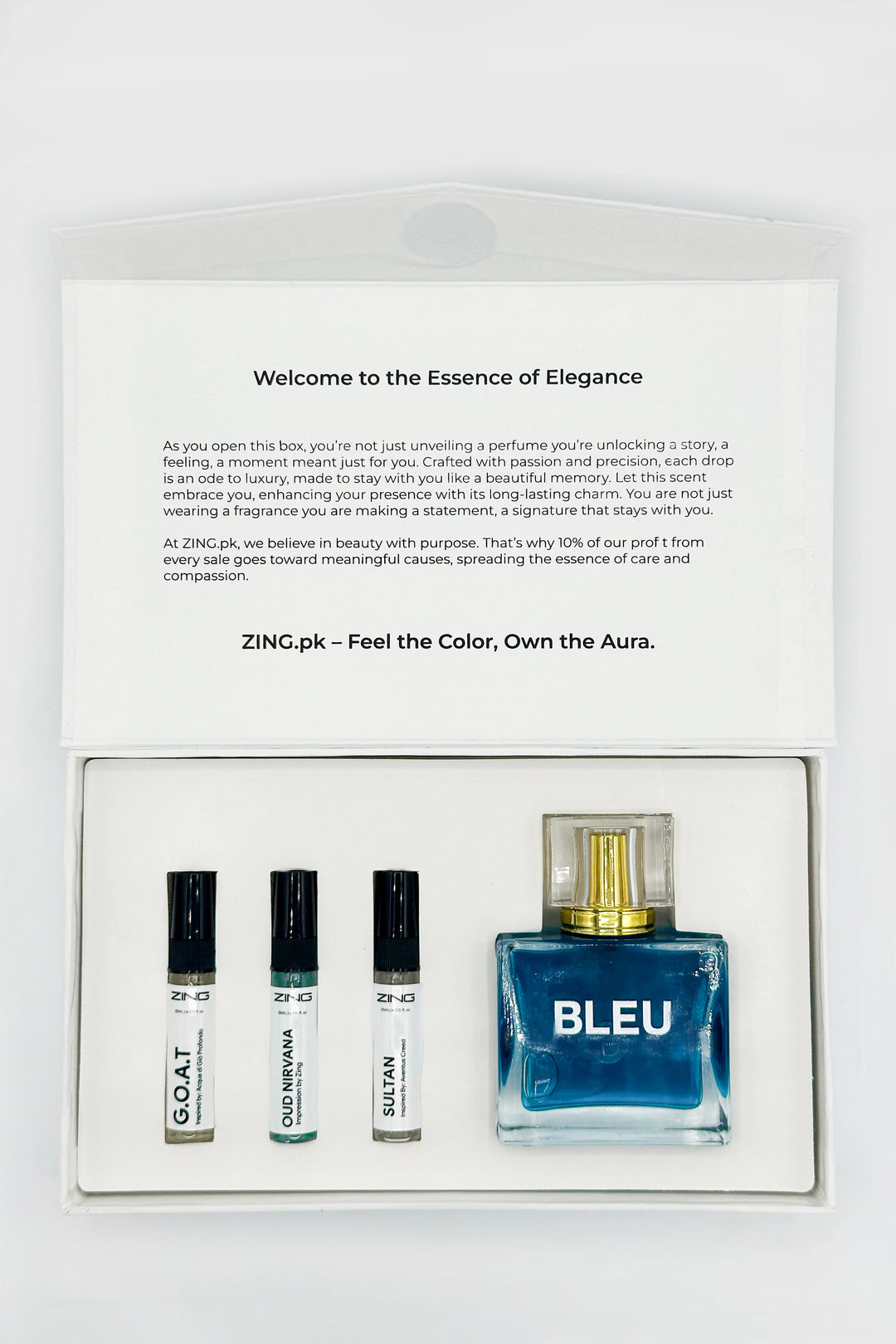  ZING bleu perfume in a bundle box with three tester perfume bottles of Sultan, Oud Nirvana and G.O.A.T displayed in box with thank you text on box
