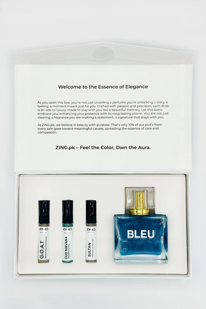  ZING bleu perfume in a bundle box with three tester perfume bottles of Sultan, Oud Nirvana and G.O.A.T displayed in box with thank you text on box