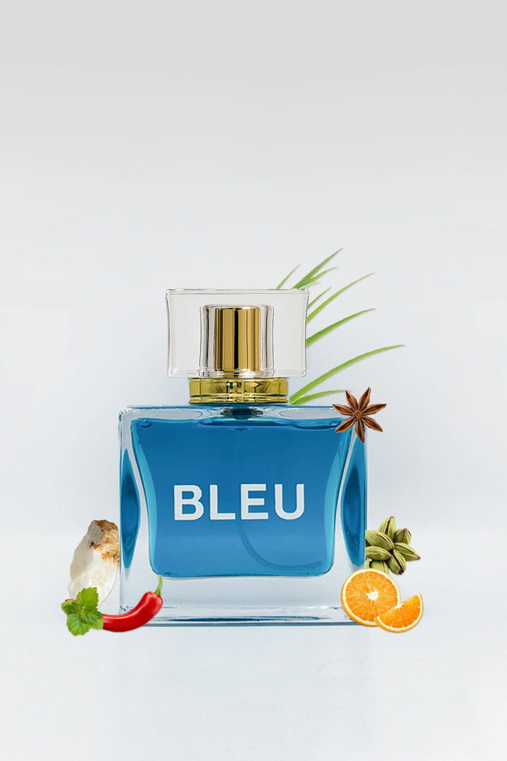 ZING Bleu perfume bottle with fragrance-inspired elements