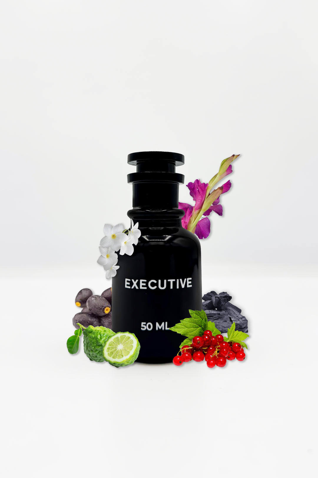 Black ZING Executive men’s perfume bottle with fresh lemon, berries and floral elements