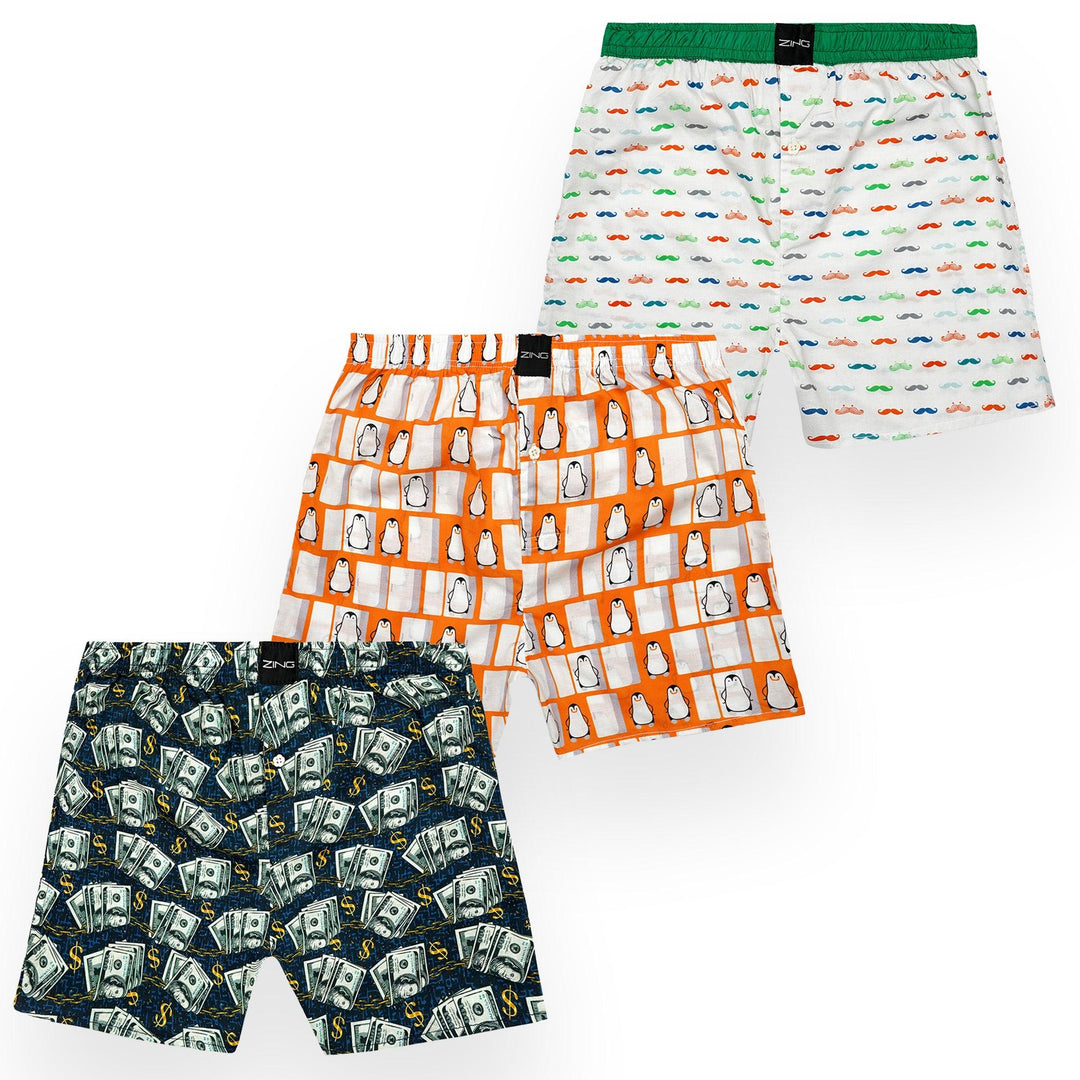 front view of 3 ZING flare boxers with assorted patterns