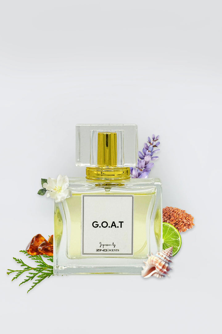  ZING G.O.A.T perfume bottle in premium packaging surrounded by scent-inspired elements
