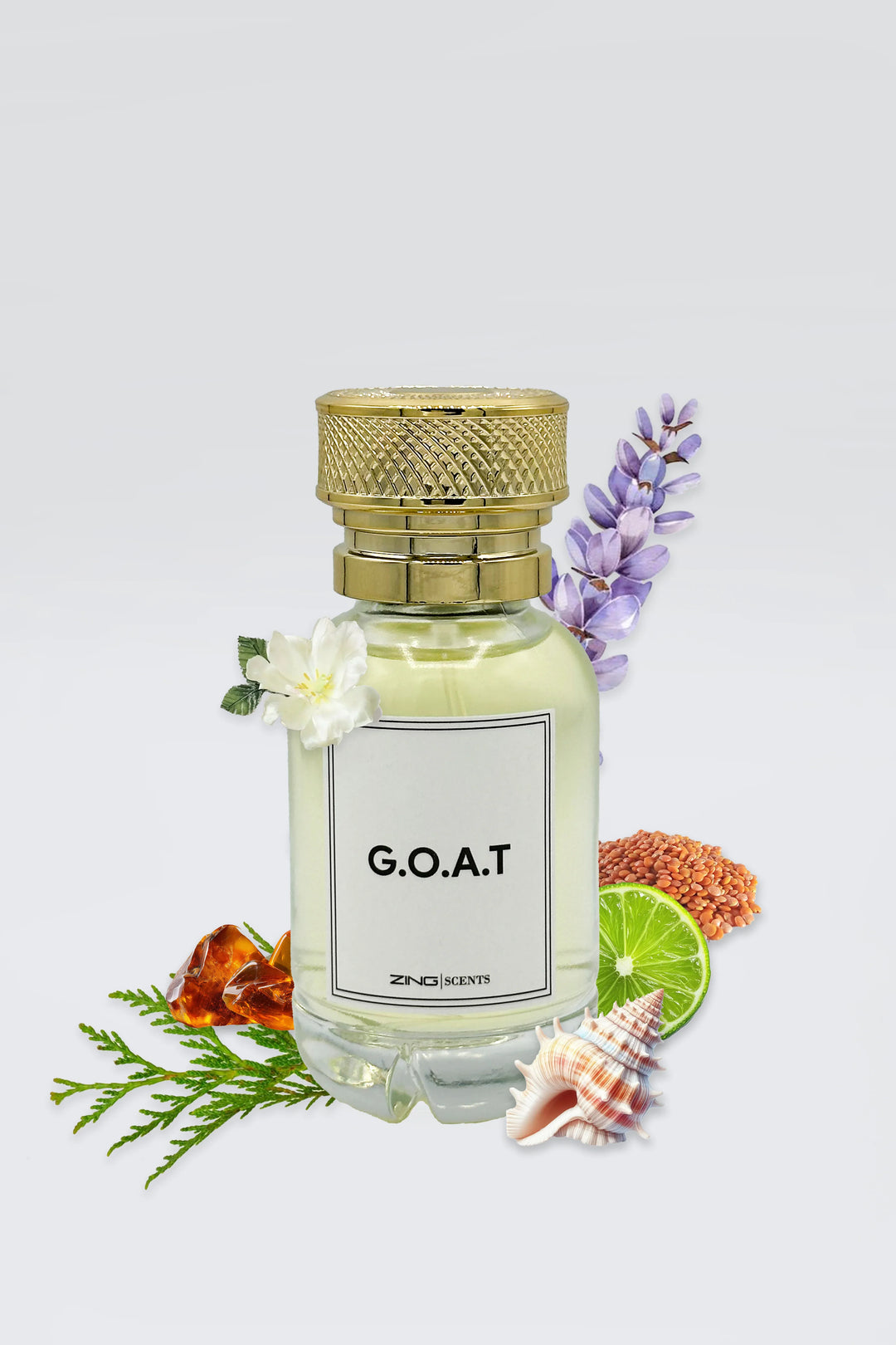 ZING G.O.A.T perfume bottle with scent-inspired visual elements