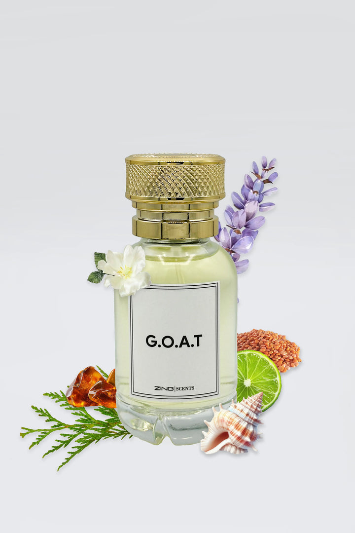 ZING G.O.A.T perfume bottle with scent-inspired visual elements