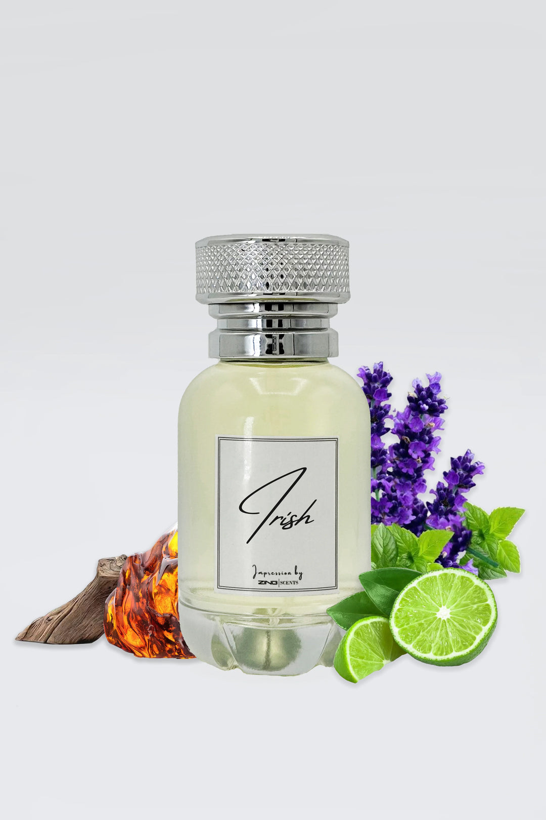  Irish perfume bottle surrounded by fresh lavender flowers, sliced green lime, glowing amber resin, and natural wood elements on a clean white background