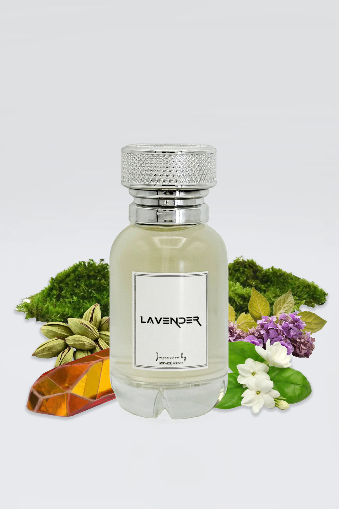 ZING Lavender perfume bottle with scent inspired elements as  lavender flowers, green herbs, cardamom pods, and amber crystal