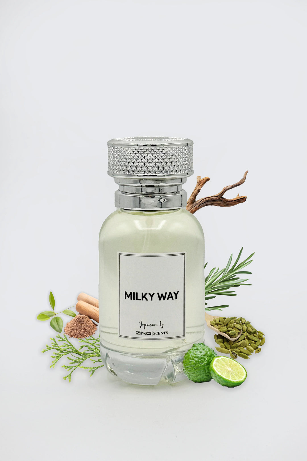 ZING Milky Way perfume bottle with lemon, aromatic, and woody fragrance elements
