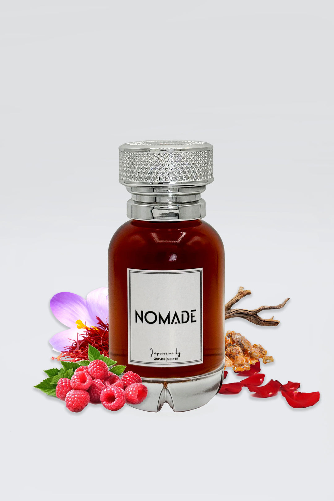 Nomade perfume bottle featuring saffron flower, fresh raspberries, smoky oud wood and rose petals