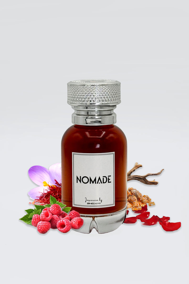Nomade perfume bottle featuring saffron flower, fresh raspberries, smoky oud wood and rose petals