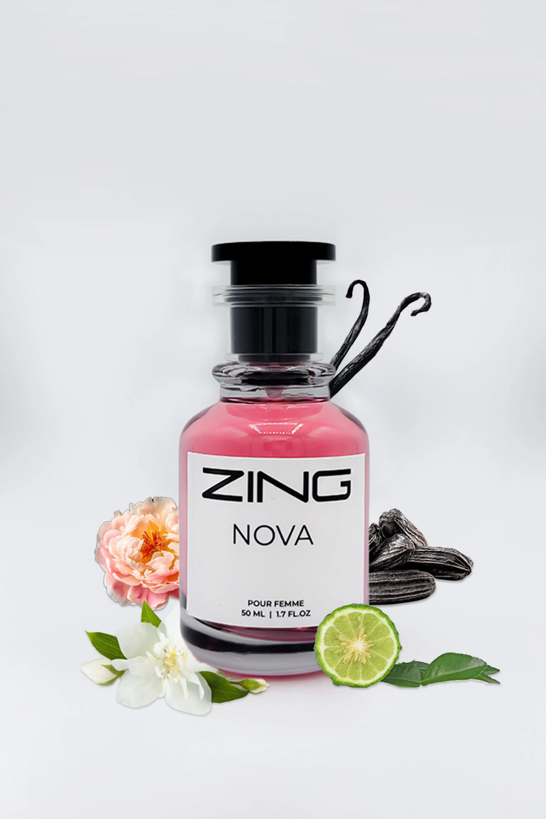  ZING NOVA perfume bottle featuring vanilla pods, citrus, and soft floral notes displayed on white background