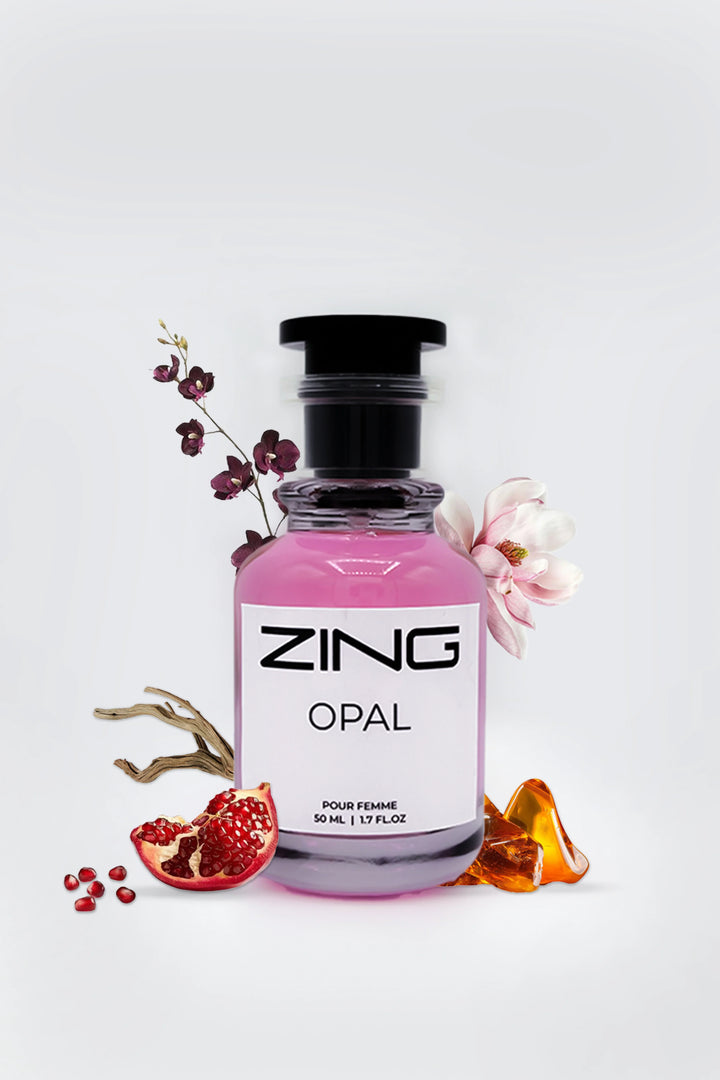 ZING OPAL women’s perfume bottle with pink liquid, floral accents, pomegranate and amber fragrance notes