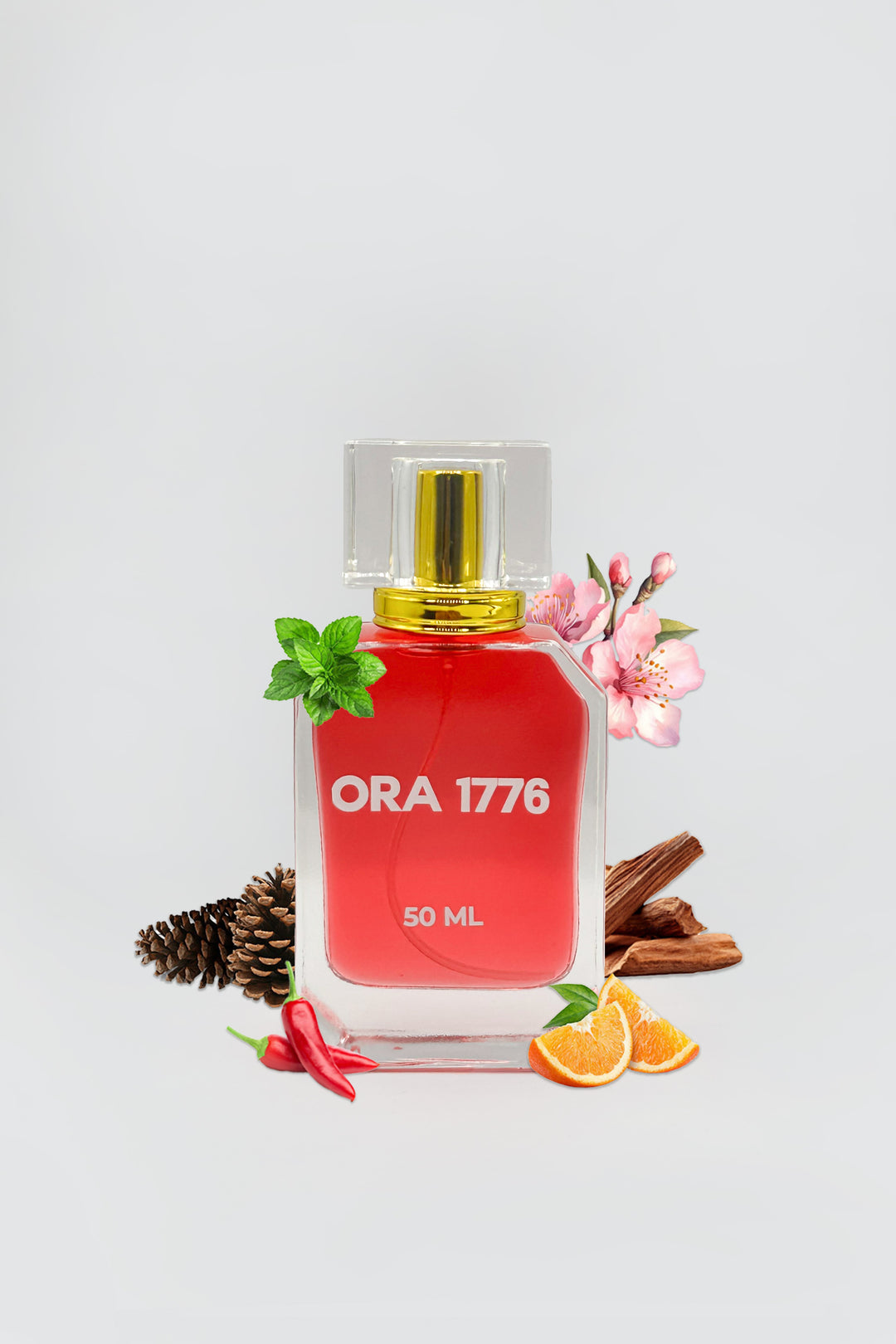 ZING Ora 1776 50ml perfume bottle surrounded by flowers, spices, and orange slices