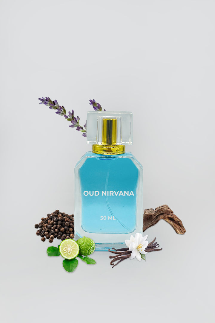 Oud Nirvana perfume with lavender, lime, vanilla flower, and oud-inspired wood elements