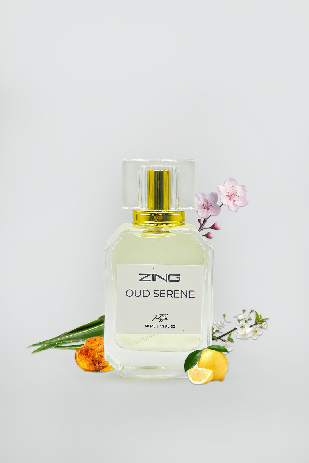 ZING Oud Serene perfume bottle with lemon, floral, and aloe fragrance elements