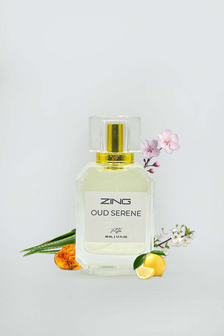 ZING Oud Serene perfume bottle with lemon, floral, and aloe fragrance elements