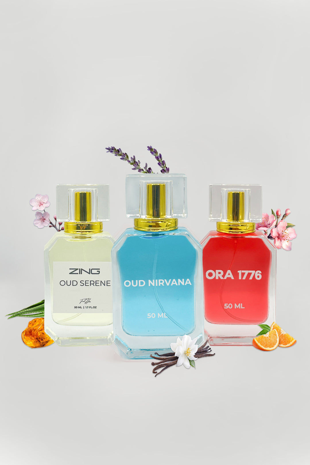 ZING OUD supreme bundle of three bestselling scents featuring perfume bottles