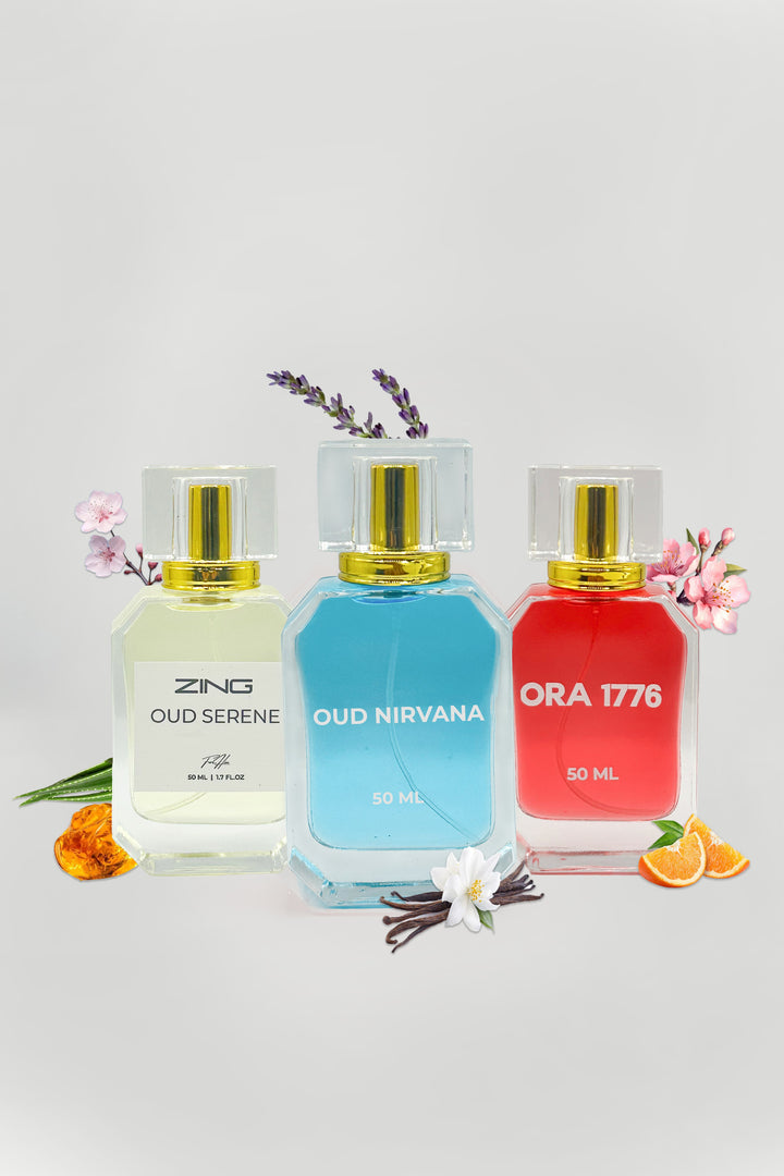ZING OUD supreme bundle of three bestselling scents featuring perfume bottles