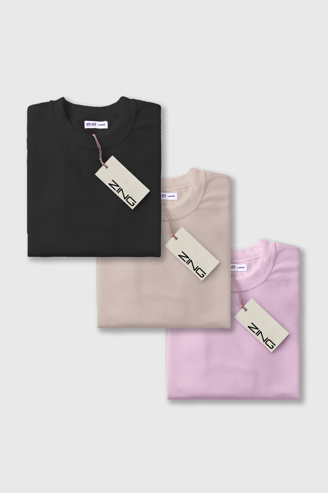 ZING men’s t-shirt pack of three in black, beige, and pink
