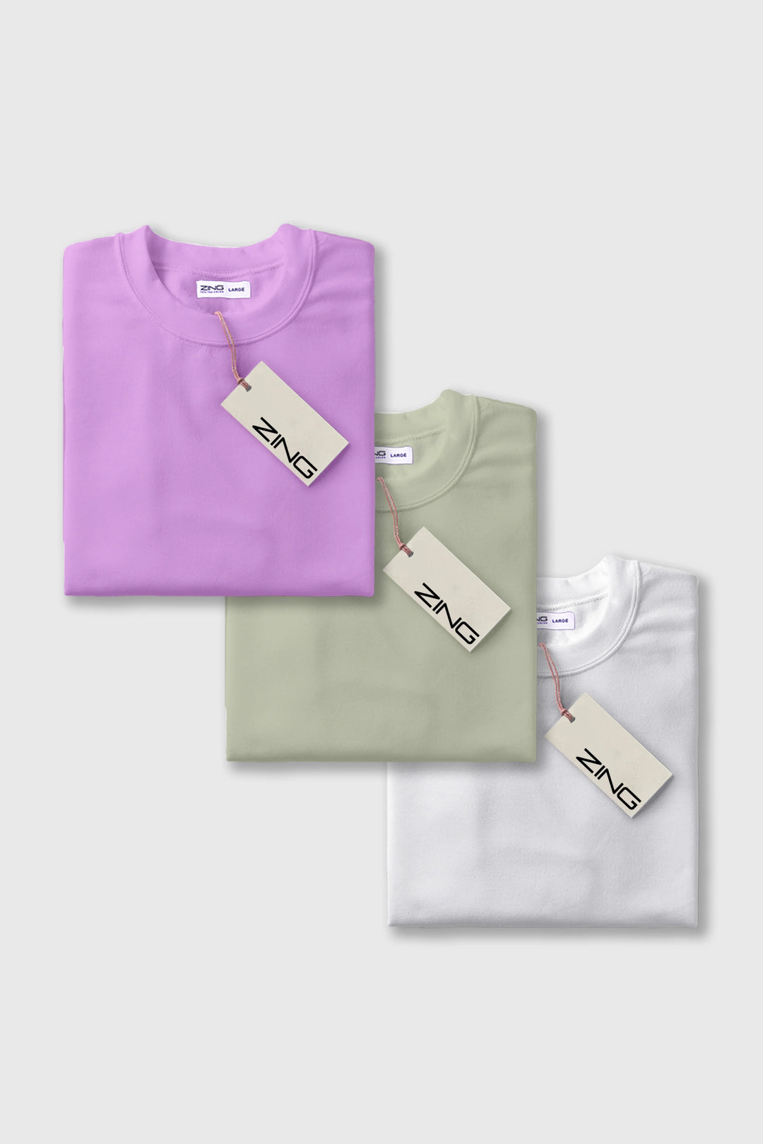 pack of 3 ZING t-shirts in lavender, stone grey and white colors