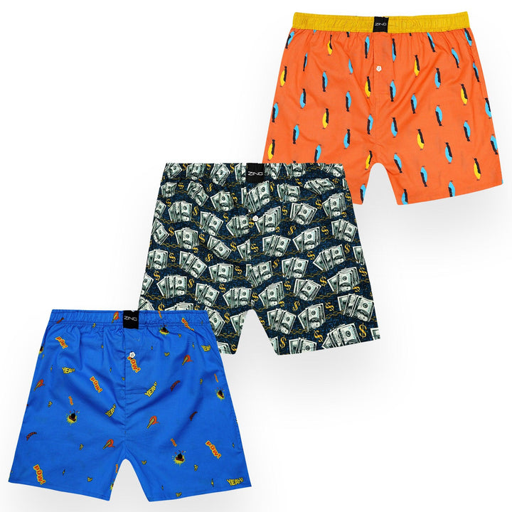three ZING men’s boxer in a set with mixed patterns