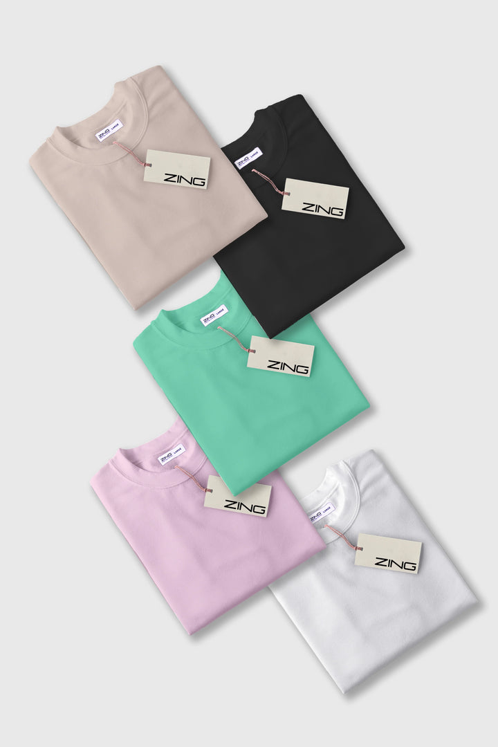  five ZING plain t-shirts in pastel grey, black, ocean blue, pink, and white colors