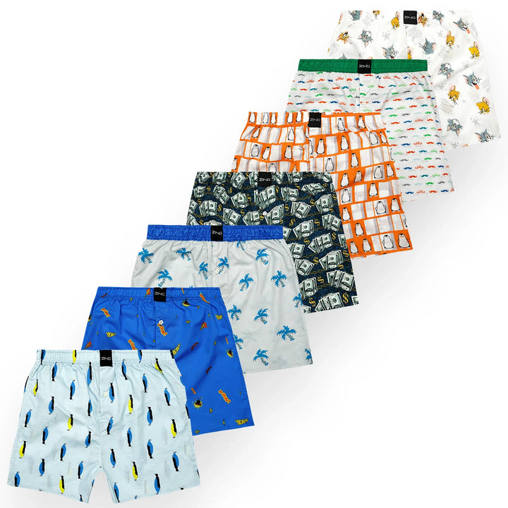  printed ZING boxers arranged as a seven-piece set