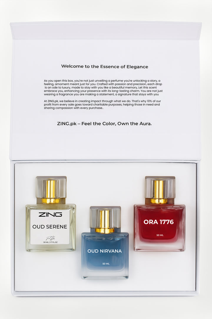  White ZING perfume box with the text “ZING- Essence of Luxury” printed on the front