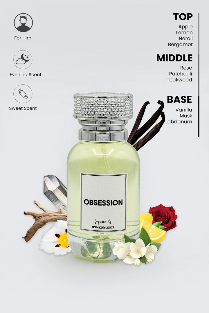 Obsession perfume bottle with scent inspired ingredients shown behind the bottle and top, middle and bottom notes listed