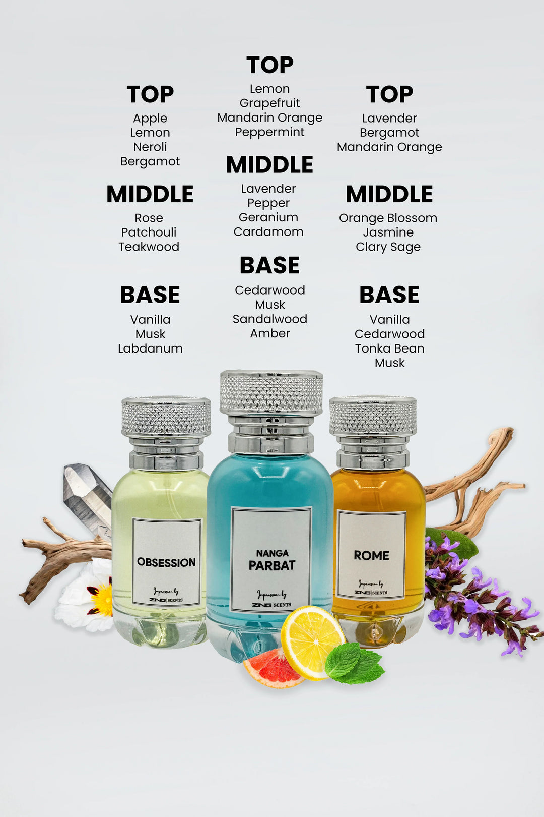 Three perfume bottles of Obsession, Nanga Parbat, and Rome perfume with detailed lists of top, middle, and base fragrance notes for each scent.
