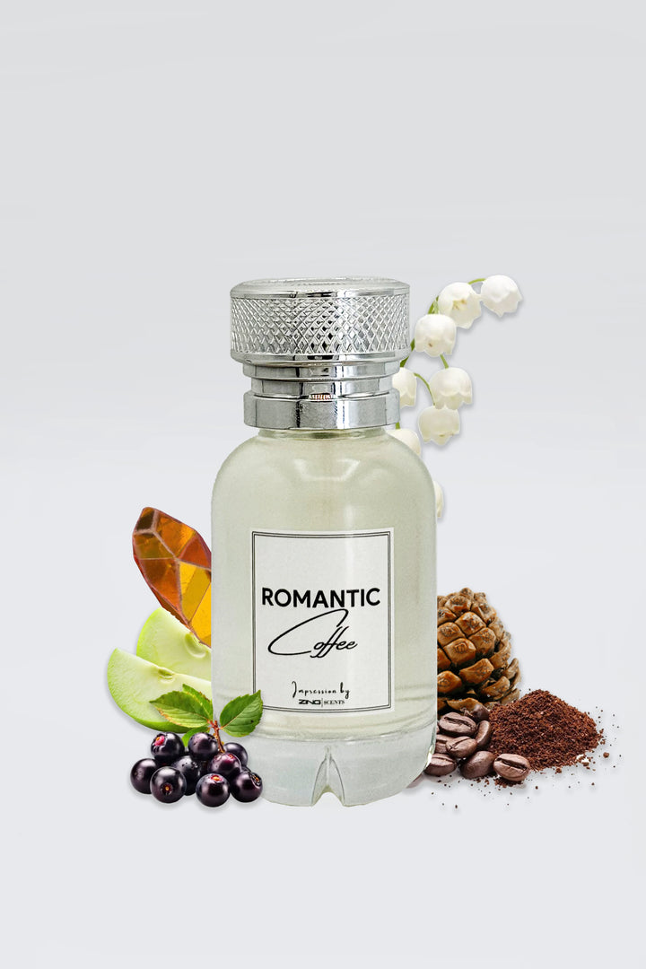 Romantic Coffee perfume bottle with scent inspired elements as coffee beans, ground coffee, black currants, green apple slices, amber crystal and jasmine