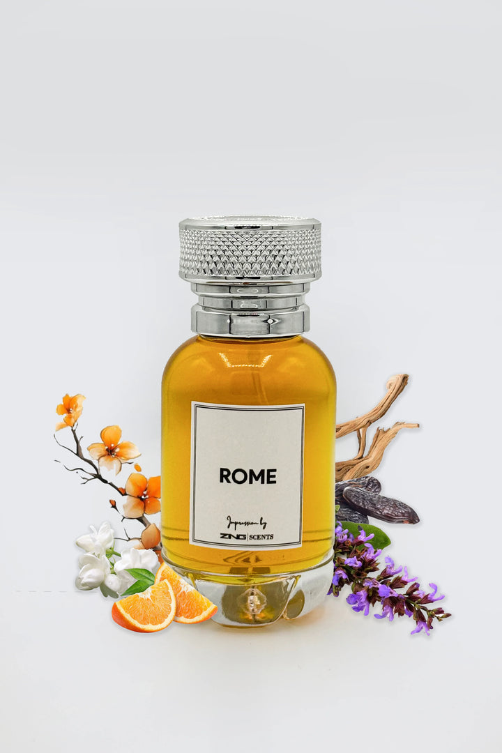 Front view of Rome men’s perfume bottle by ZING surrounded by orange slices, jasmine, lavender flowers, vanilla beans, and dry wood