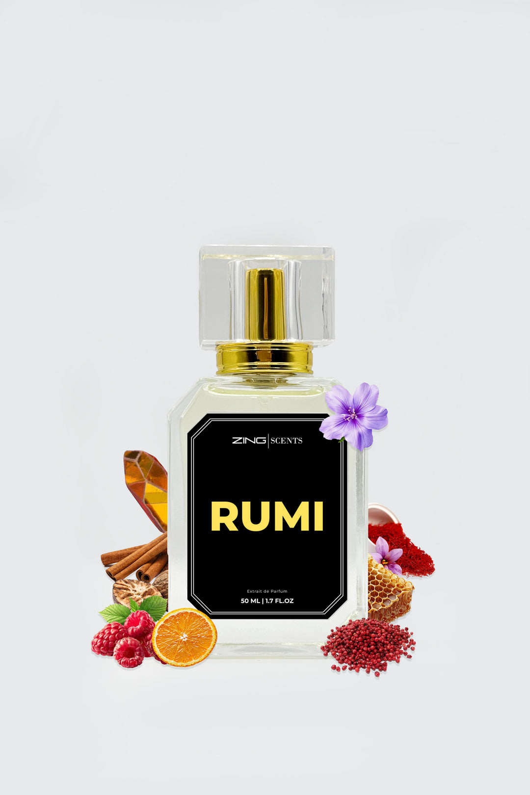 Rumi perfume bottle surrounded by cinnamon sticks, honeycomb, red berries, orange slice, amber crystal, and purple flower