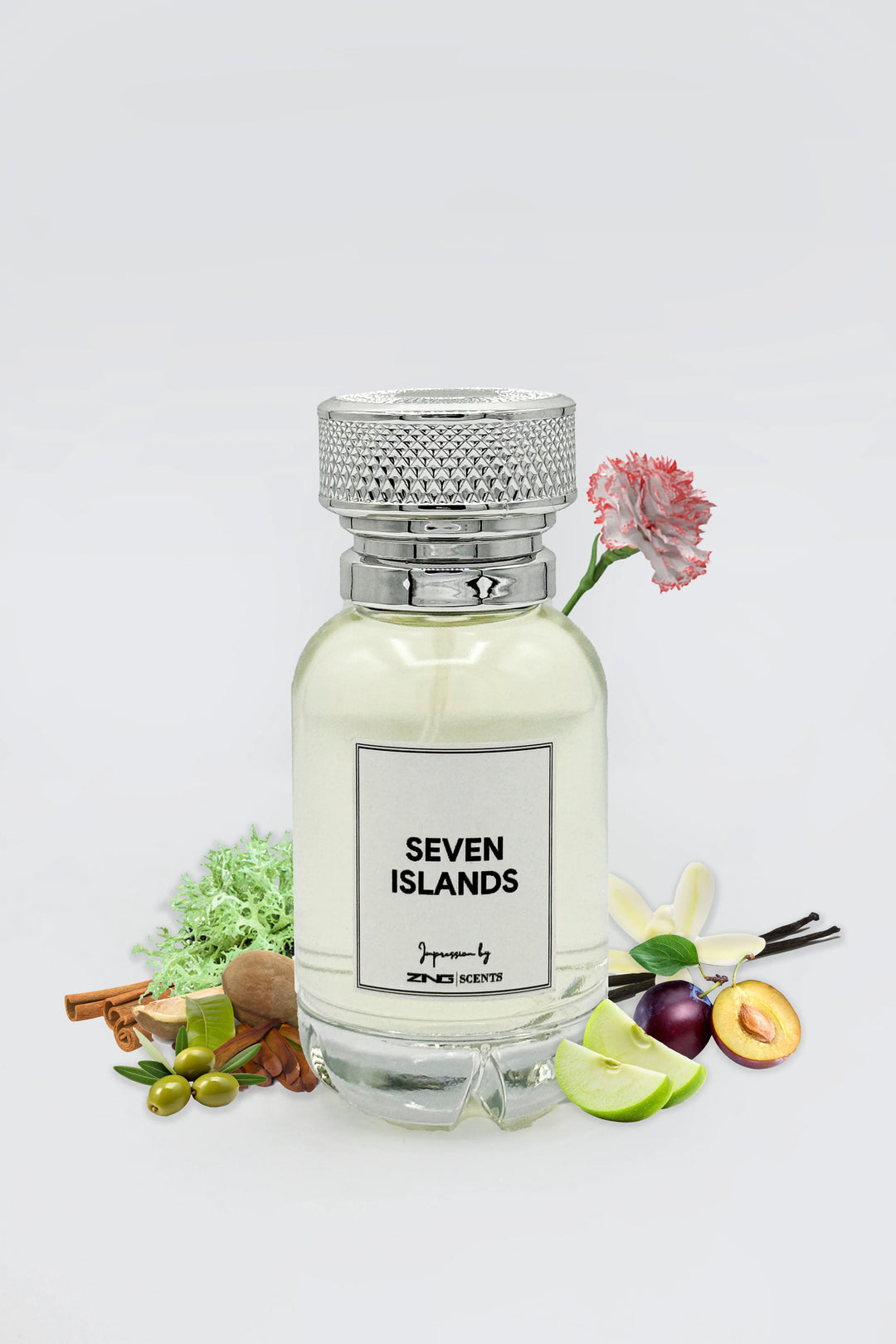 Seven Islands perfume bottle styled with fruity, spicy, and floral ingredients including apple, plum, vanilla, jasmine, cinnamon and olives