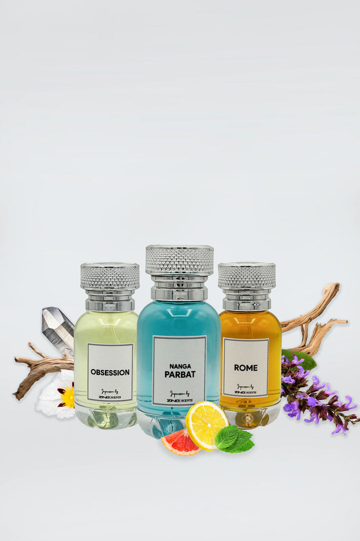 ZING Signature perfume bundle featuring three perfume bottles with scent related visuals